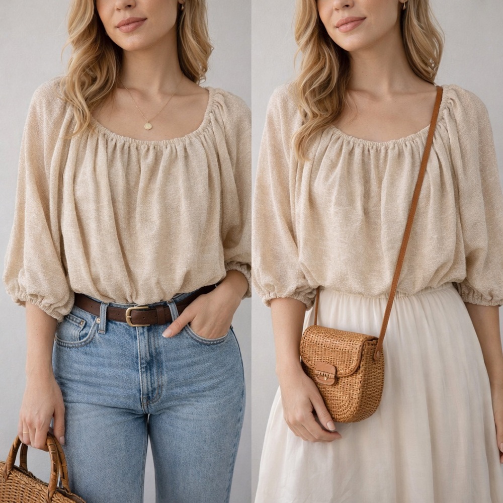 Lena Cream Ruched 3/4 Sleeve Blouse